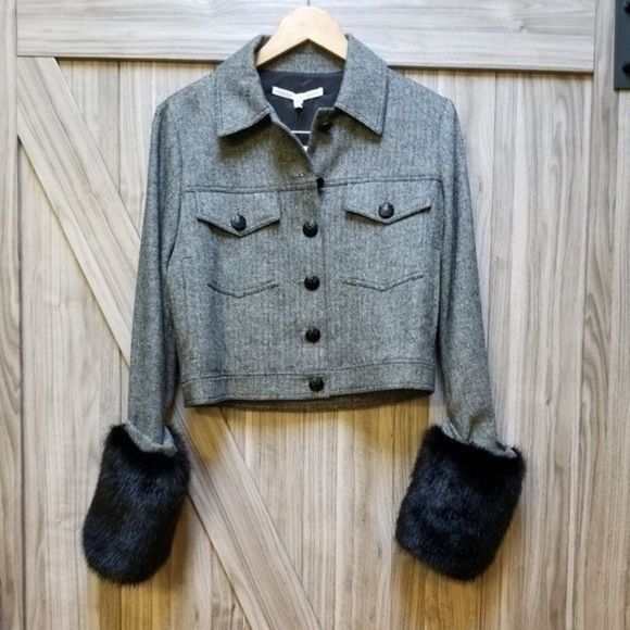 Veronica  Beard Burke Herringbone Cropped Jacket 100% Wool 100% Faux Fur - Picture 5 of 16